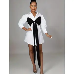 Casual Long Sleeve Tie-Front Shirt Dress with Lapel Collar, Solid Color Polyester Blend Short Dress with Spandex summer outfits lace dress