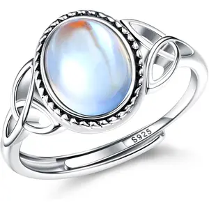 MILACOLATO Silver Moonstone Rings For Women Girl 925 Sterling Silver Open Adjustable CZ Rainbow Rings Vintage Celtic Triangle Ring, Handmade Oval Round Heart Ring Jewellery For Her With Gift Box, Romantic, Oval Stone summerwins