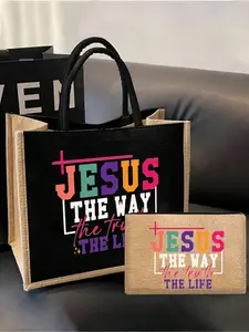 Jesus Is The Way, Truth, Life Canvas Bag Set, Christian Religious Style Canvas Bag With Zipper Small Bag, Colorful Cross Faith Tote Bag, Large Capacity Beach Bag And Makeup Bag Suitable For Travel And Vacation, Nurses' Day,