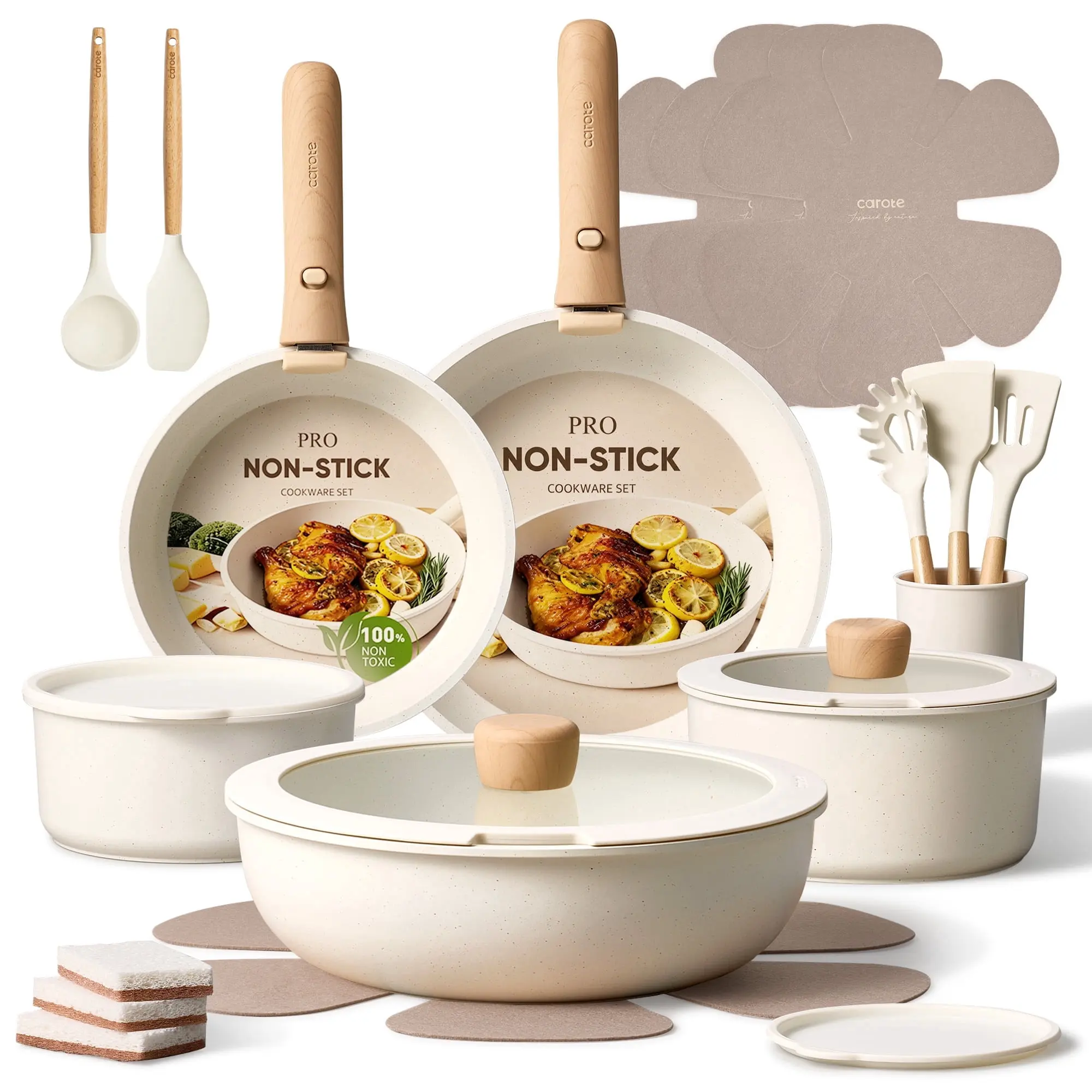 CAROTE 24-Piece Nonstick Cookware Set, Pots and Pans Set with Detachable Handle, Induction Compatible, Oven & Dishwasher Safe, White