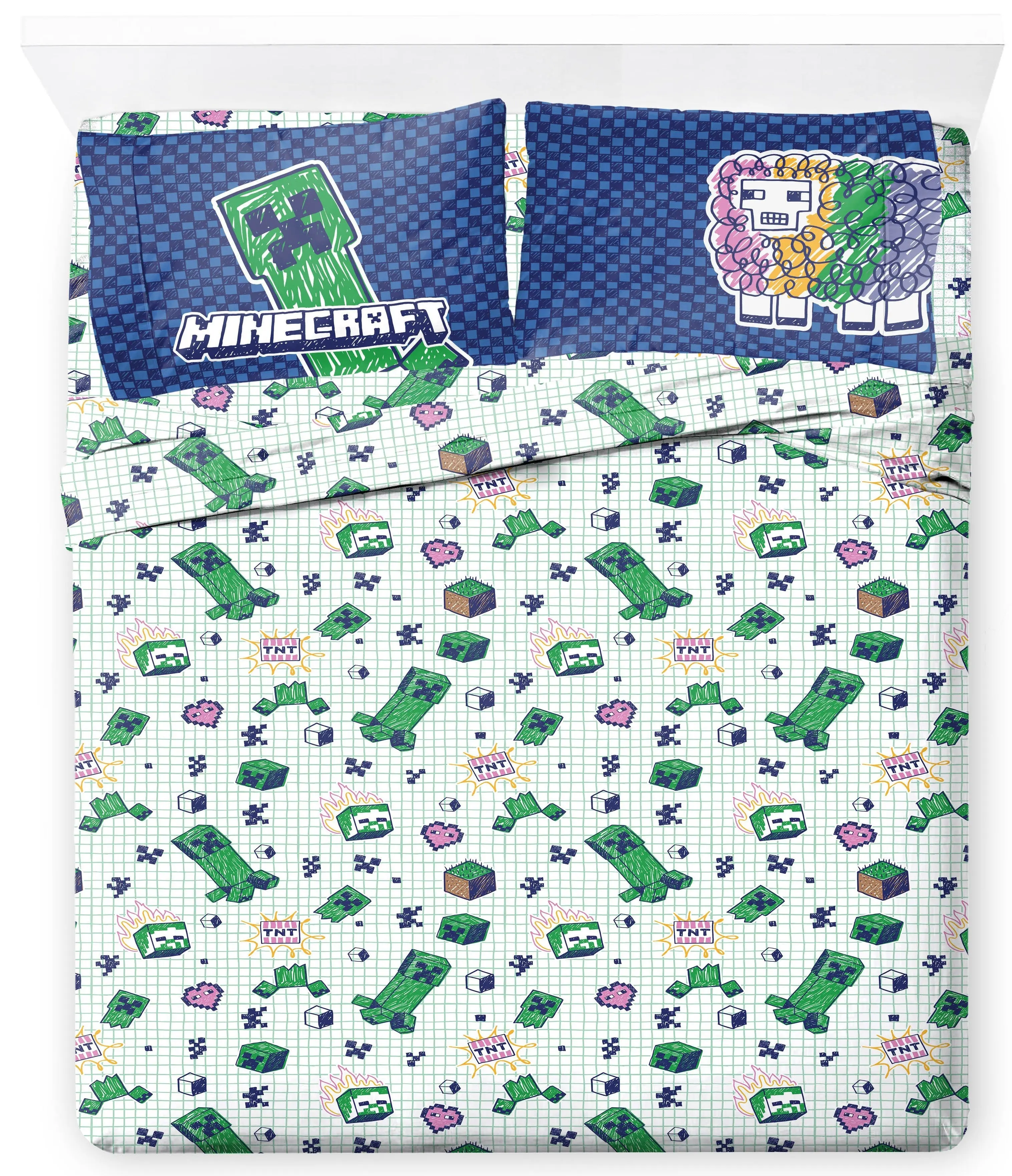 Jay Franco Minecraft Extra Doodles Comfy Decorative Bedding Set - Bold & Colorful Gameready Sheets & Pillowcases, 66"x96" Flat Sheet, 10" Deep Pockets, Cute Creeper Room Flair Bedding, Comfy Bed Sets, Decorative Bed Set
