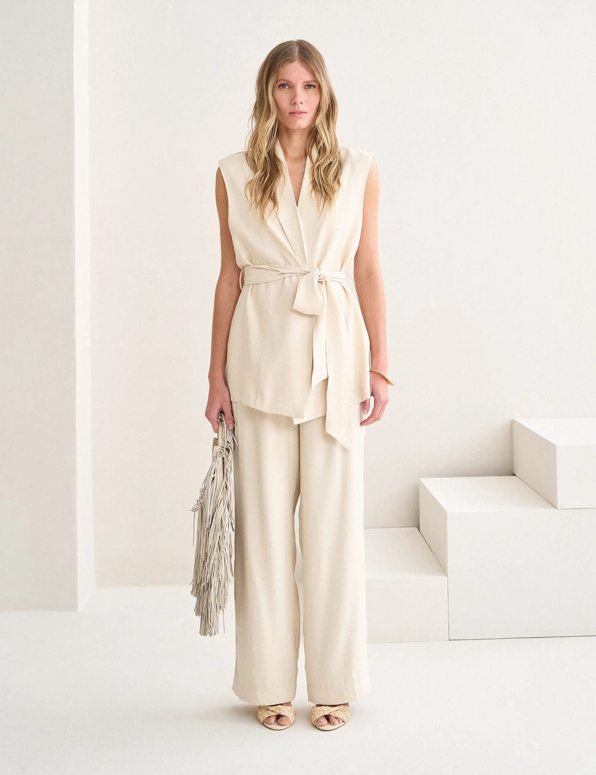 May Vest - Cream Viscose Blend Tailored Sleeveless Vest with Adjustable Belt Loops & Modern Tie-Front Closure for Women