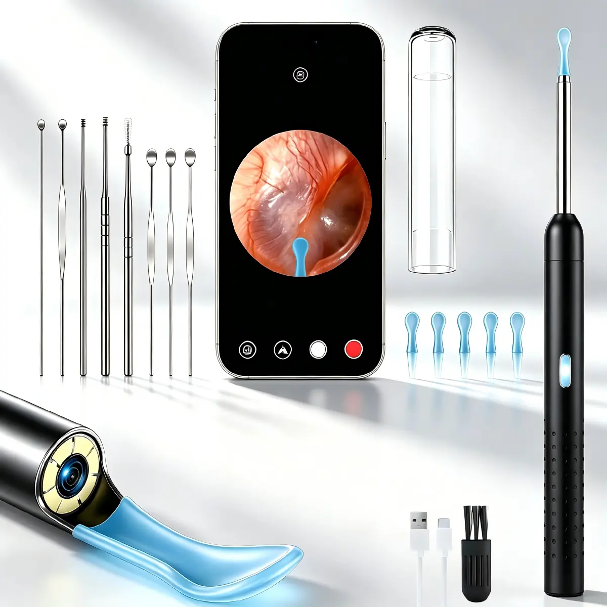 Body-Safe Manual Earwax Removal Tool Camera Kit, 1080P HD Ear Camera, 6 Safe Tips, Multi-Purpose Inspection Tool for iPhone, iPad, Android Phones (Black)