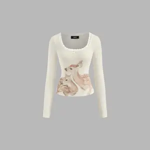 Cider Deer Graphic Scoop Neckline Long Sleeve Lace Trim Bowknot Tee