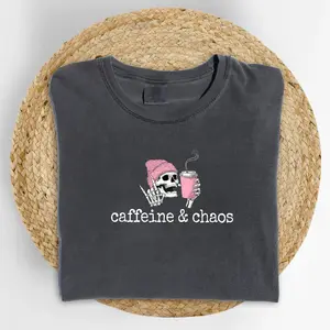 ChicCotton Caffeine And Chaos Comfort Colors Shirt, Coffee Lover Skeleton T-shirt, Dark Humor Coffee Graphic Tee, Skeleton Drinking Coffee Clothing