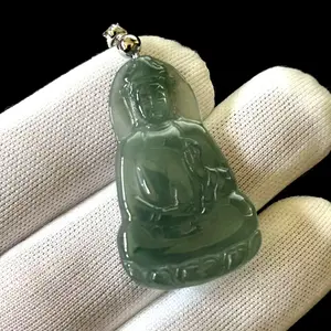 Hi-grade Natural Transparent Green Jade Jadeite Pendant 'Buddha for Happiness Health', Free Necklace