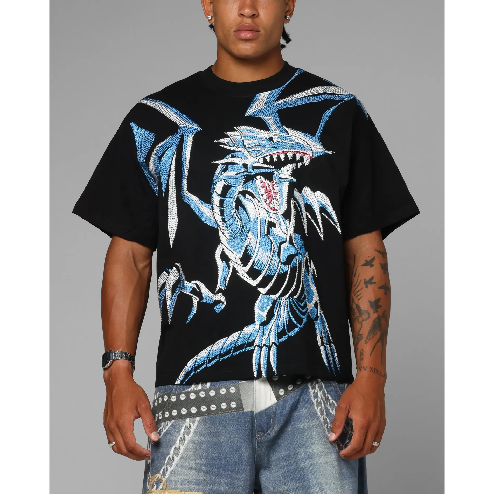 Loiter X Yu-Gi-Oh! Blue Eyes White Dragon Rhinestone T-Shirt Black Loiter X Yu-Gi-Oh! Blue Eyes White Dragon Rhinestone T-Shirt Black