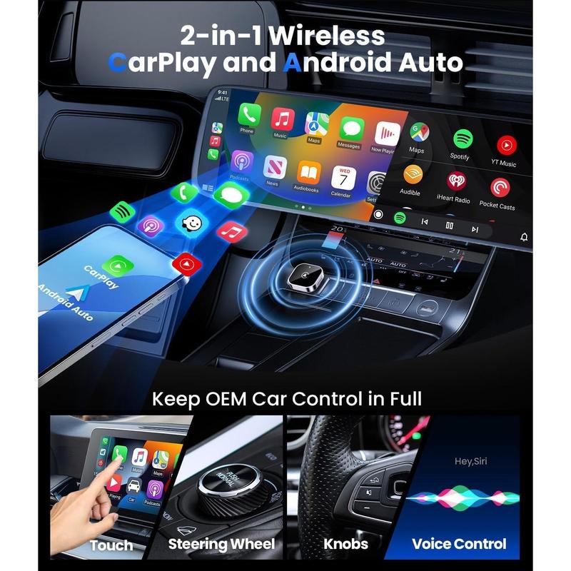 2 in 1 Wireless CarPlay and Android Auto Adapter, Easy Setup Plug and Play, Fast Seamless Use Supports 1000+ Car's with Built-in Wired Car Play/Android Auto, Compact Sleek Design Car Adapter，Fast Auto-Reconnect,bluetooth, iphone