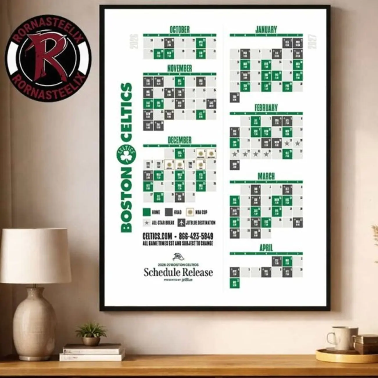Boston Celtics NBA Official Schedule 2026 27 Season Poster Decor Canvas