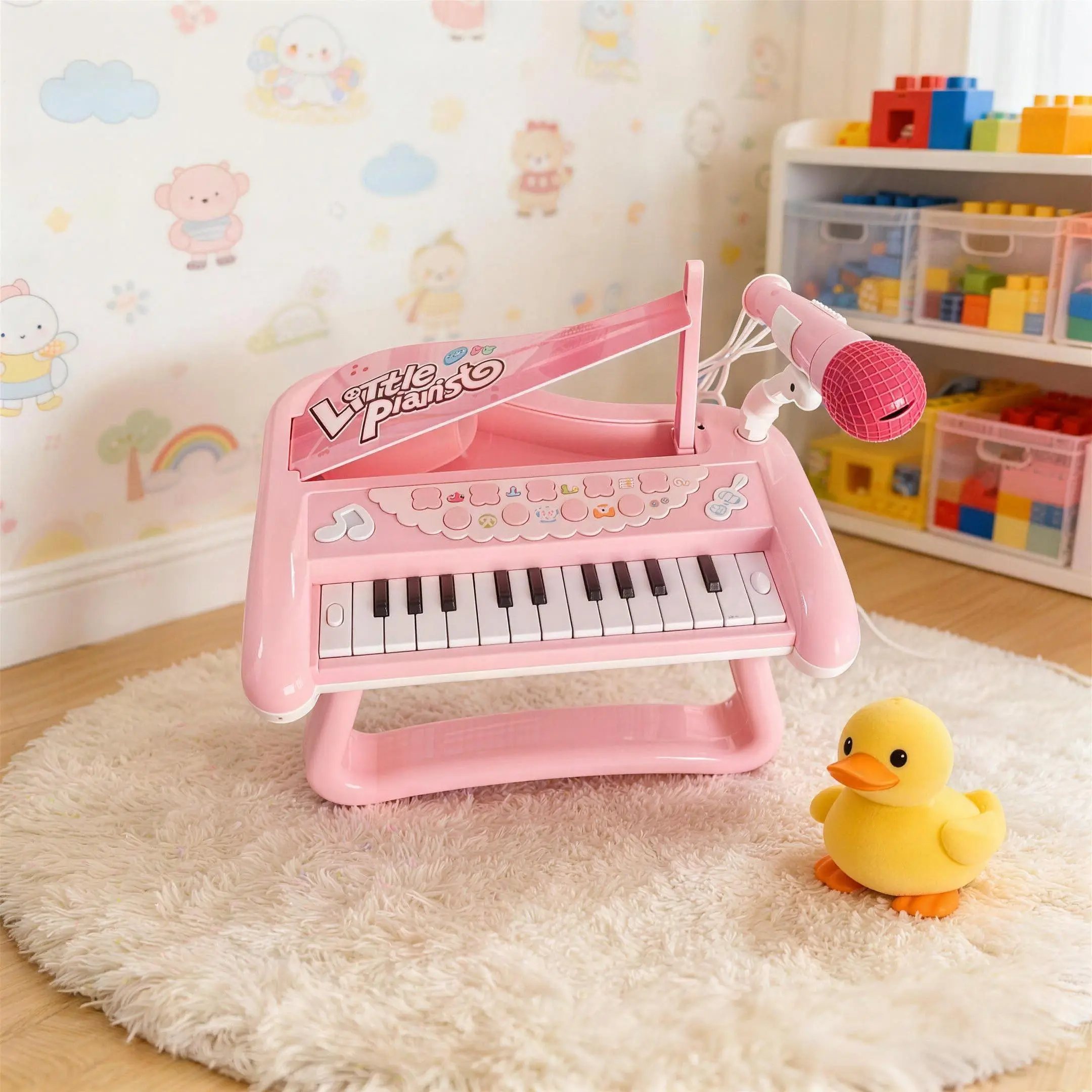 Pink Multi-Functional Mini Kids Piano - Built-in Songs, Sound Effects, Light-Up Effects, Sing-Along Microphone - Baby Musical Enlightenment, Simple Music Training, Birthday Gift