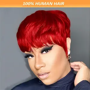 Wholesale NEW Hot Vibrant Color, Vibrant Ruby Red Pixie Cut Wig with Bangs for Women - 6 Inch Straight Human Hair, 150% Density, No Shedding, Includes Wig Cap