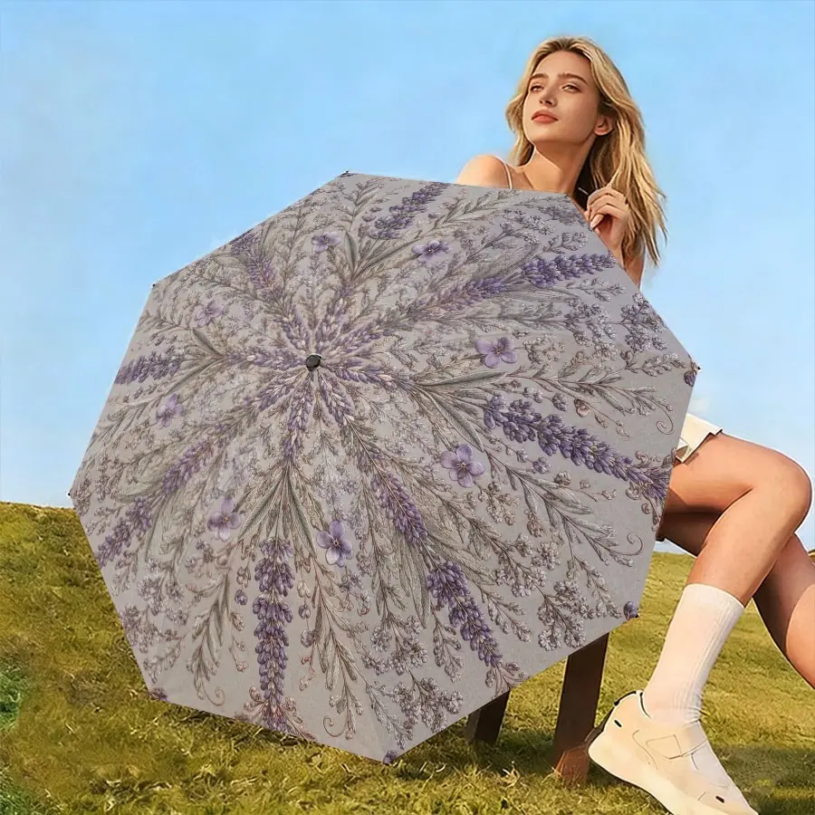 Light Lavender Mandala Print Umbrella, 8-Rib Lightweight Folding, Rain & Sun Protection, Waterproof, Portable, Fashionable Design