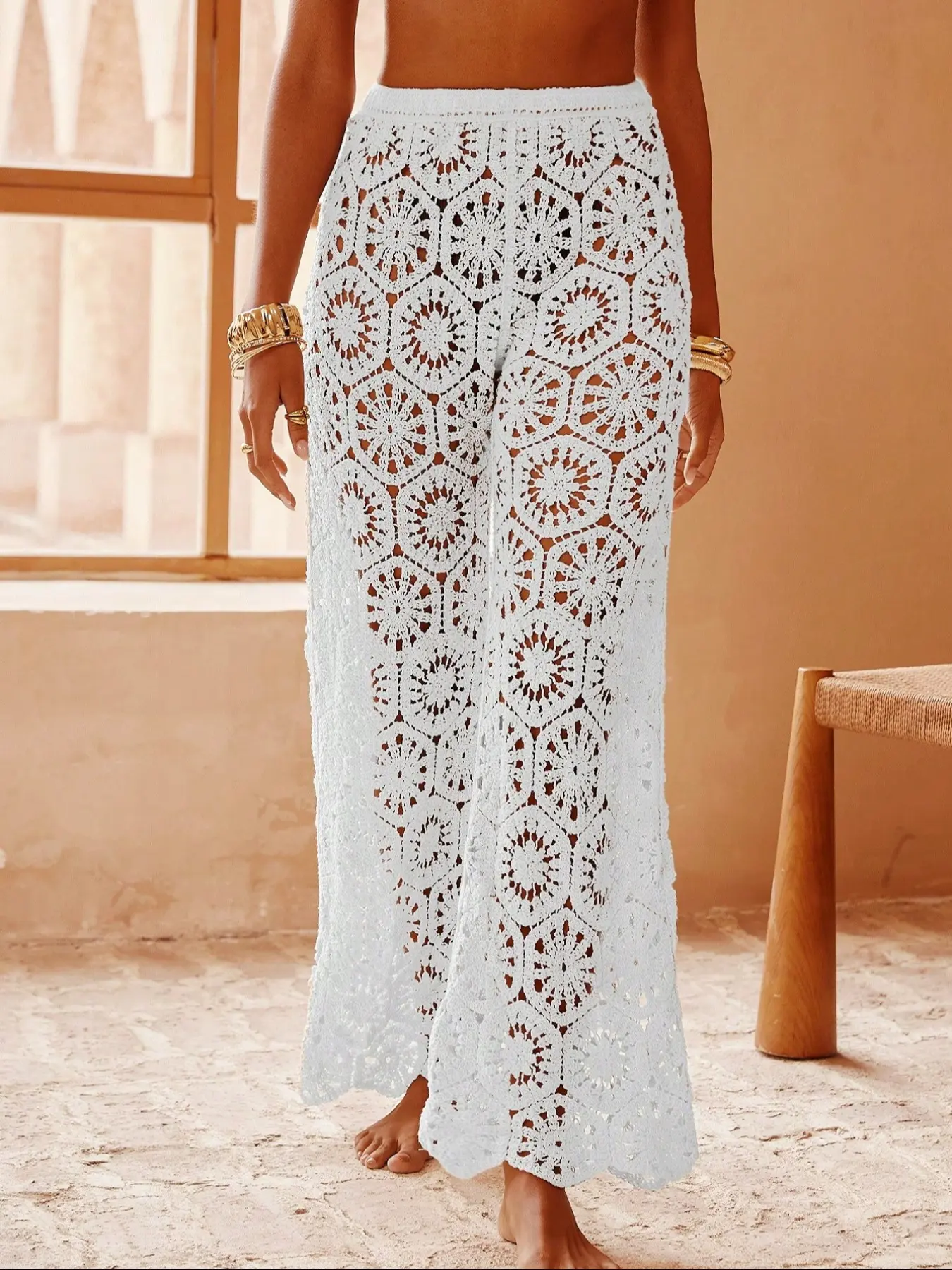 Women's Boho Hollow Out Pants, Knitted Lace Geometric Pattern, Elastic Waistband, Summer Loose Fit, Casual Beach Vacation Wear