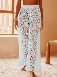 Women's Boho Bohemian Hollow Out Pants, Knitted Lace Geometric Pattern, Elastic Waistband, Summer Loose Fit, Casual Beach Vacation Wear