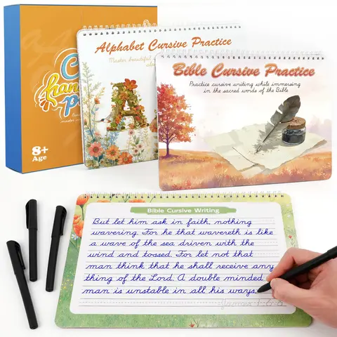 Kids & Teens 8+ Age English Cursive Script Workbook Set, School & Educational Supplies with Reusable Magic Grooved Paths Paper Sheets, 4 Replacement Refills, Visual Learning Tools for Alphabet Letters & Bible Verses, Ideal for Adults’ At-Home Practice