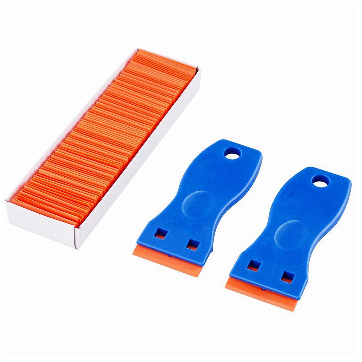 2PCS Plastic Razor Blade Scraper Tool with 100PCS Extra Plastic Blades, No-Scratch Cleaning Scraper Remover for Stickers Decals Adhesive Labels Paint Glass Car Window