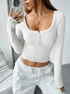 Women's Plain Half Buttons Long Sleeve Tee, Casual Scoop Neck T-shirt for Spring & Fall, Women's Top for Daily Wear Fit Basic