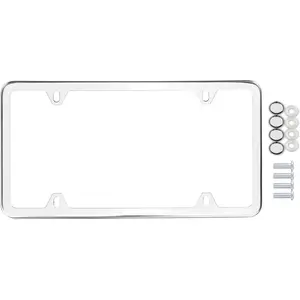 License Plate Frames, 1 count 4 Holes Slim Stainless Steel Polish Mirror License Plate Frame + Chrome Screw Caps