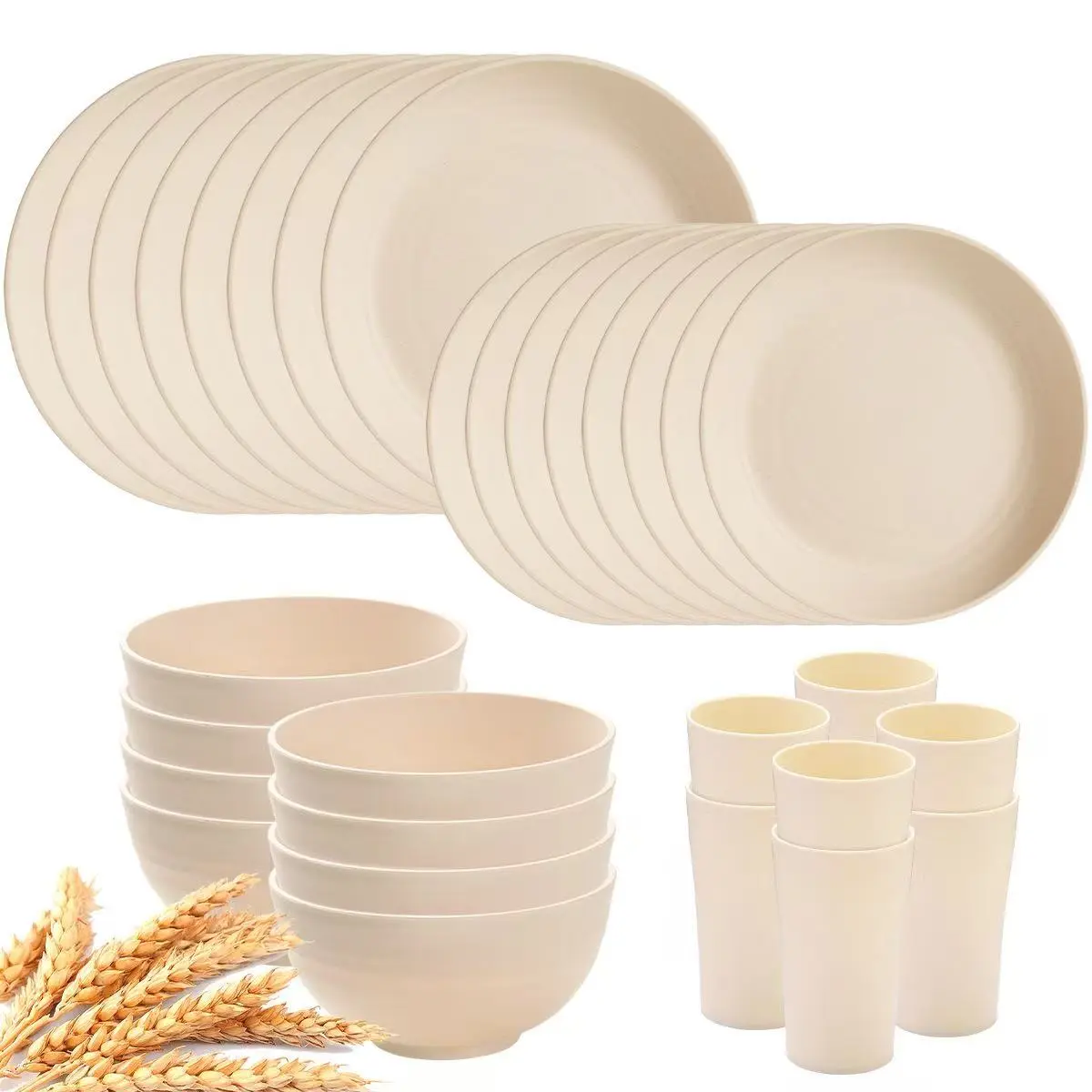 32pcs Wheat Straw Tableware Dinnerware Set, 8 Plates 8 Bowls 8 Cups for 8 People, Ideal for Outdoor Picnics and Family Gatherings, Party Tableware Set, Dish Set