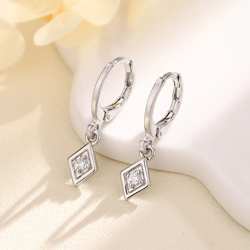 Zircon rhombic earrings - elegant geometric earrings for a cool, hip, street-style look.Small ear hoops with square-shaped small diamonds.Women's gift for women. sparkle detail