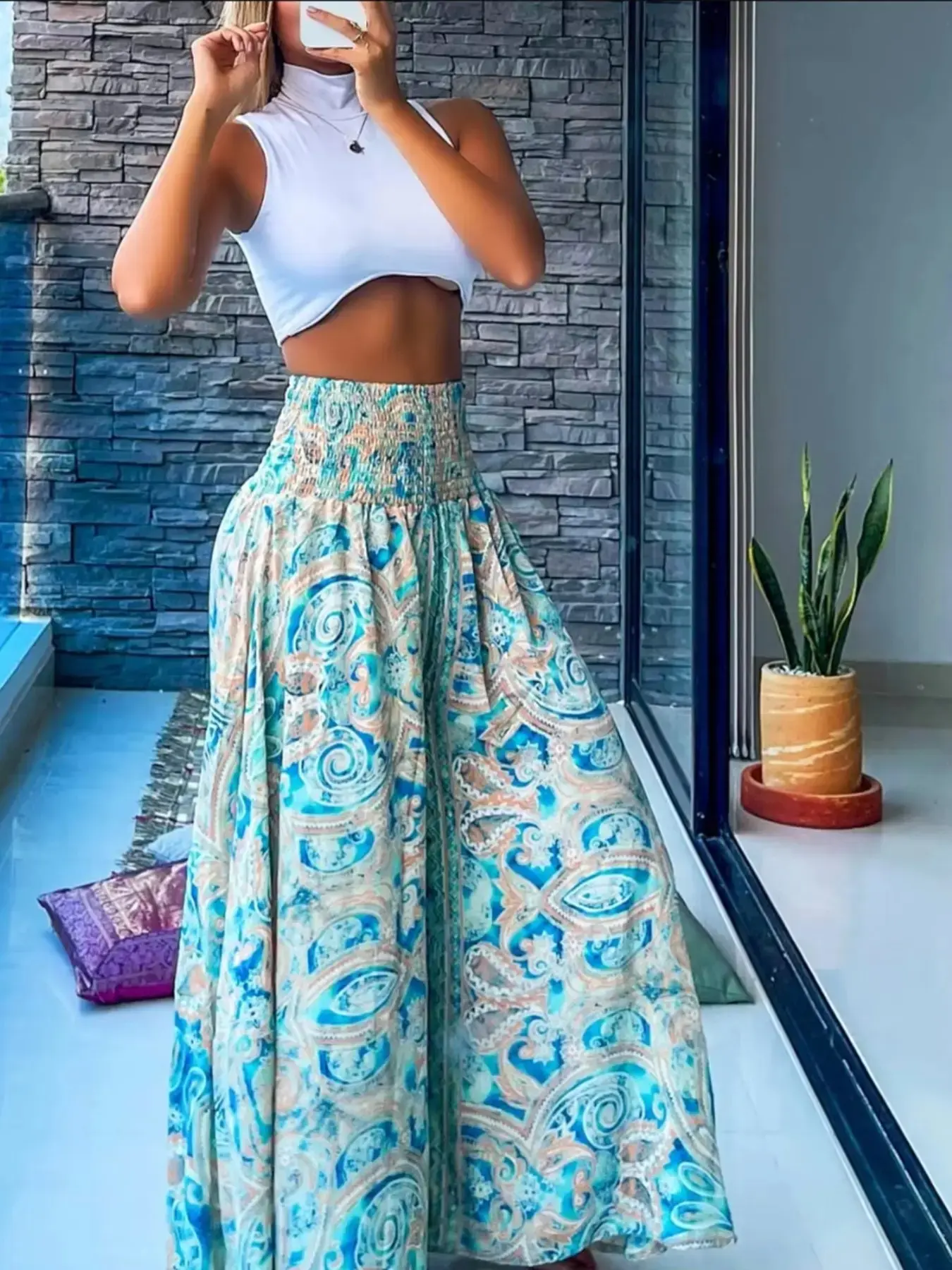 Boho Bohemian Ethnic Paisley Print Wide Leg Baggy Pants, Loose Fit High Waist Elastic Waistband, Breathable Summer Beach Pants, Long Trousers for Women