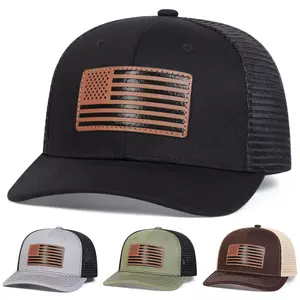 Adjustable US Flag Brown Leather Patch Mesh Cap Hat Micro Curved Cap Baseball Cap Trucker Hat for Casual Outdoor Use, Unisex Sun Protection