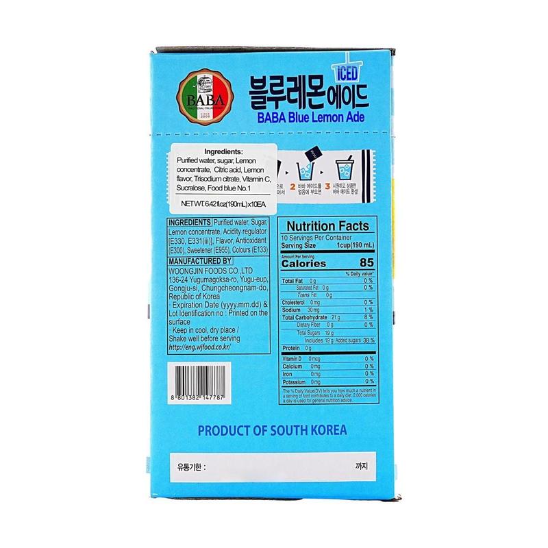 WOONGJIN BABA Ice Blue Lemon Juice Drink 190ml x 10 Packs - Low Calorie, Zero Fat, Refreshing Korean Beverage