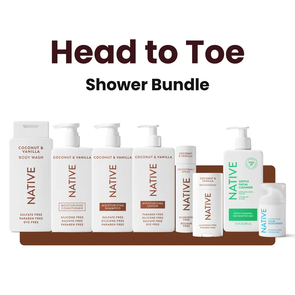 NATIVE Head to Toe Shower Bundle - Deodorant Stick, Deodorant Spray, Body Wash, Shampoo, Conditioner, Body Lotion, Facial Cleanser, Facial Moisturizer (8 pc set)