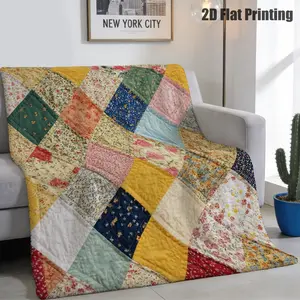 2D Flat 1pc Vintage Patchwork Quilted Cozy Throw Blanket, Floral And Checkered Patterns, Ideal for Sofa Snuggling, Bedroom Accent, Cafe Nook Decor, for Families, Home Enthusiasts