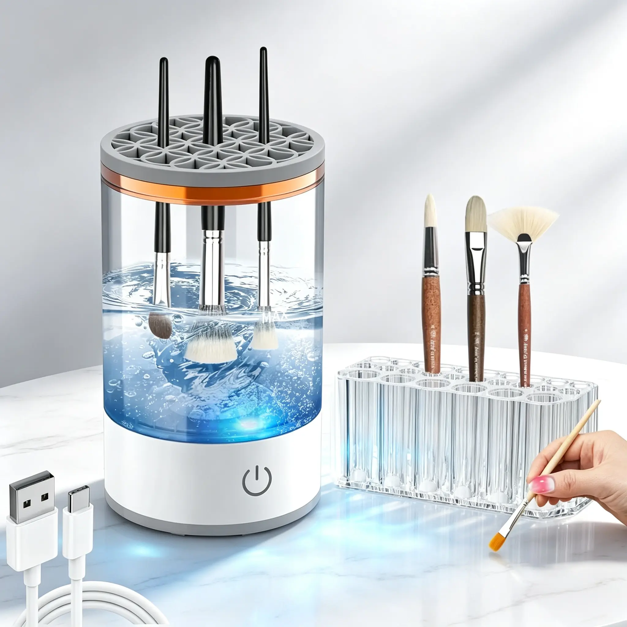 Electric Paint Brush Cleaner, Brush Rinser Rinse Cup, Automatic Brush Cleaning Washer for Acrylic Watercolor Painting, Makeup Brush Cleaner, Brush Holder Art Supply, White 1 Pack