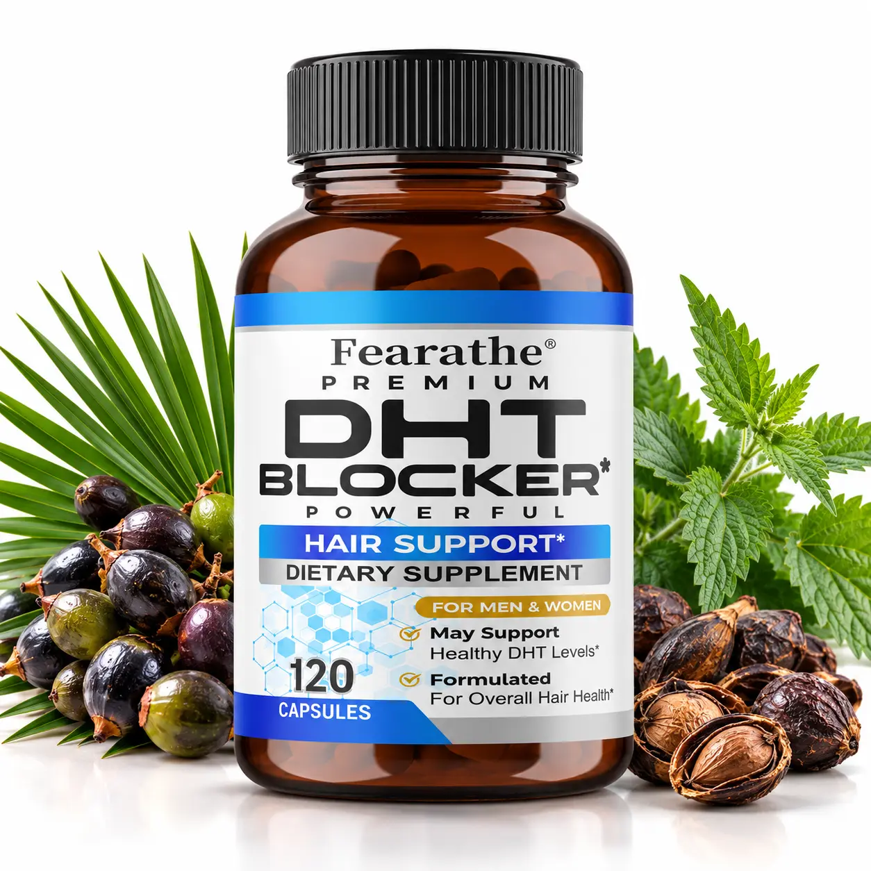 Fearathe DHT Blocker Hair Supplement with Biotin, Saw Palmetto Extract, Zinc & Botanical Ingredients, Hair Vitamins Capsules for Men and Women, 120 Capsules