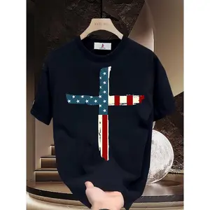 Men's Heavy Cotton T-Shirt, Classic American Flag Cross Graphic Tee - Smooth Seamless Patriotic Faith Shirt for 4th of July