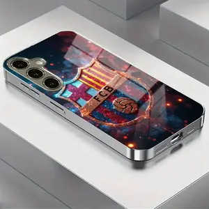 Barcelona Colorful Emblem Wallpaper Pattern New Electroplated Glass Phone Case, Suitable for Samsung S25, S24, S23, S22, S21, S20, NOTE20, NOTE10, A55, A54, A53, A52, A36, A35, A33, A23, A15, A14, A13, A05 - Anti-Fingerprint, Fashion Trend, Device Protect