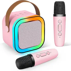 Home Party Mini Karaoke Machine for Kids, Teens, Adults & Girls/Boys - Includes 2 Wireless Microphones & LED Lights, Pink Design