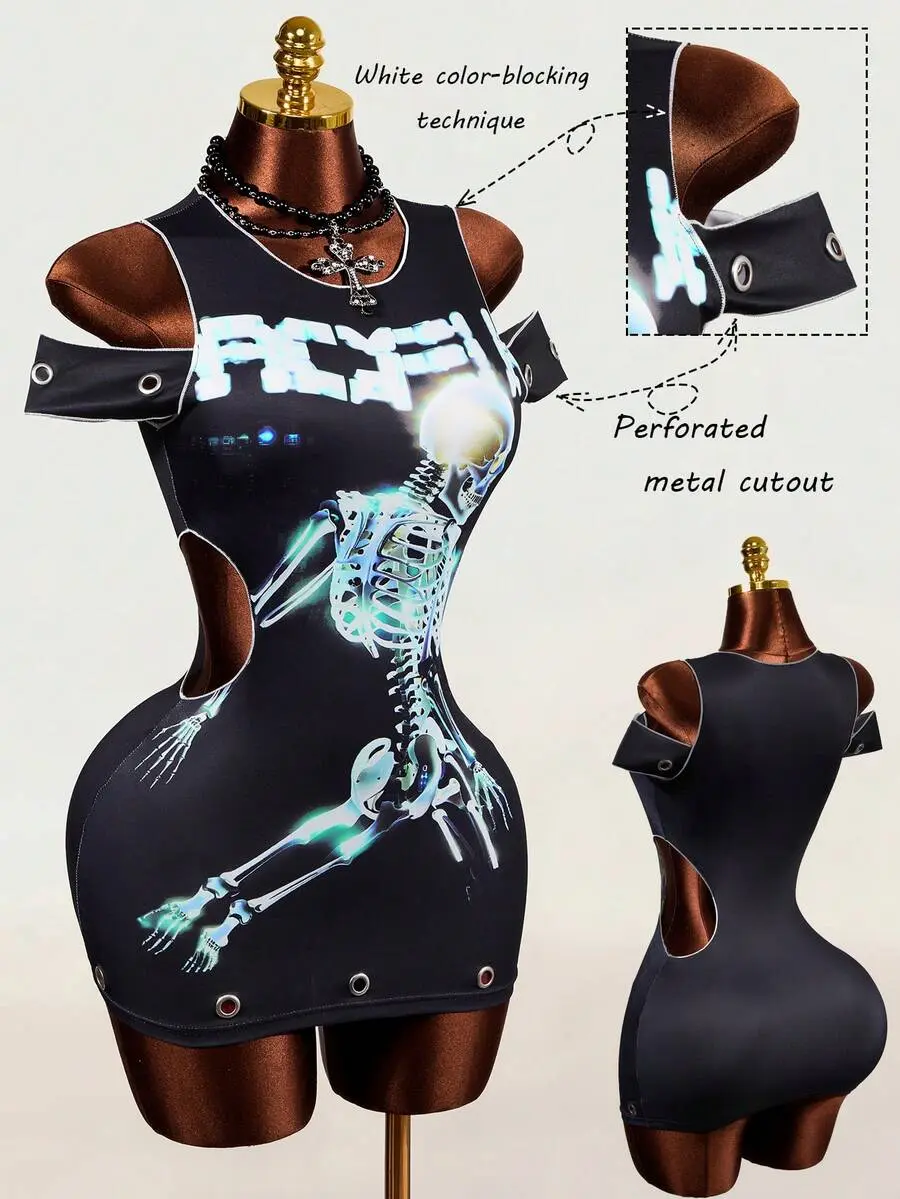 Lumina x Mistrie Women's Letter Skeleton Print Off-Shoulder Fashion Y2k Fitted Dress Clubbing Black Summer