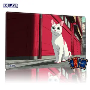 Anime Style White Cat with Pink Spot & Ears MTG Playmat - 12x24inch Non-Slip TCG Gaming Mat for Card Game Enthusiasts, Ideal for Family Gatherings & Gift