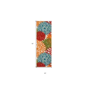 6' Runner Ivory Blue and Orange Floral Indoor Outdoor Area Rug