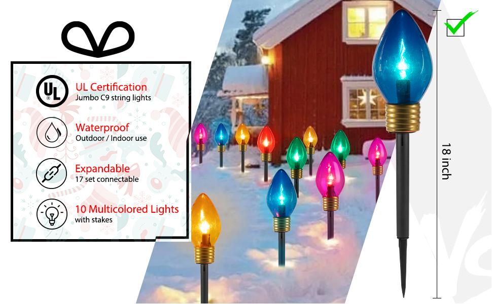 Christmas Lights Jumbo C9 Outdoor Lawn Decorations with Pathway Marker Stakes, 2 Pack 8.5 Feet String Lights Covered Jumbo Multicolored Light Bulb for Holiday Outside Yard Garden Decor, 10 Lights Christmas Lights Jumbo C9 Outdoor Lawn Decorations with Pathway Marker Stakes, 2 Pack 8.5 Feet String Lights Covered Jumbo Multicolored Light Bulb for Holiday Outside Yard Garden Decor, 10 Lights