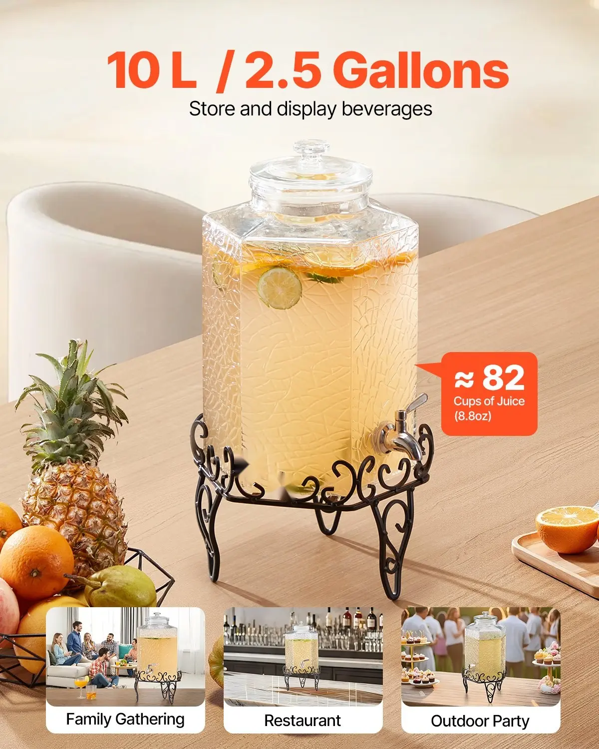 2.5 Gallon Glass Drink Dispenser With Stand For Parties And Events, Large  Capacity Beverage Server With