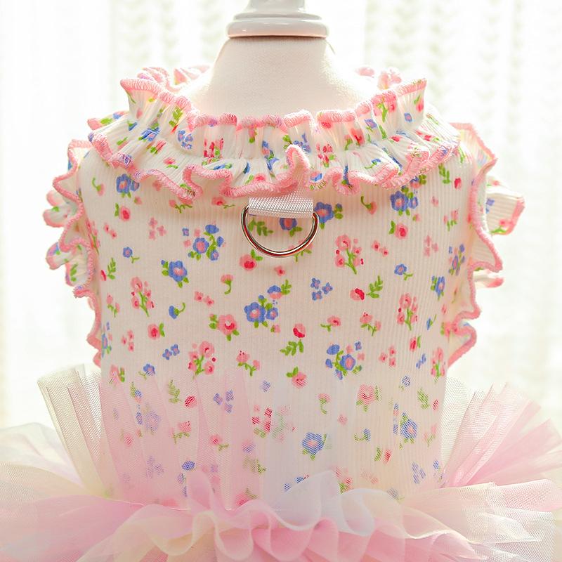 Pet Clothes Dog Cat Princess Mesh Dress Floral print Lace sleeveless Cute Breathable With Leash Ring D00048