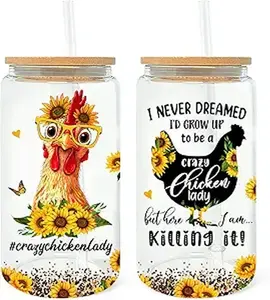 Chicken Gifts for Women - Birthday Gift for Chicken Lover, Chicken Mom, Chicken Lady - Sunflower Glass Cup 16oz with Straw - Funny Chicken Gifts- Farm Girl Gift Idea - Chicken Mom Gifts Bamboo Bottles Drinkware Lid