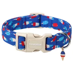Lionet Paws 4th of July Dog Collar with Popsicle Charm, Adjustable Quick-Release Safety Buckle Puppy Accessory for Small Medium Large Dog Breeds