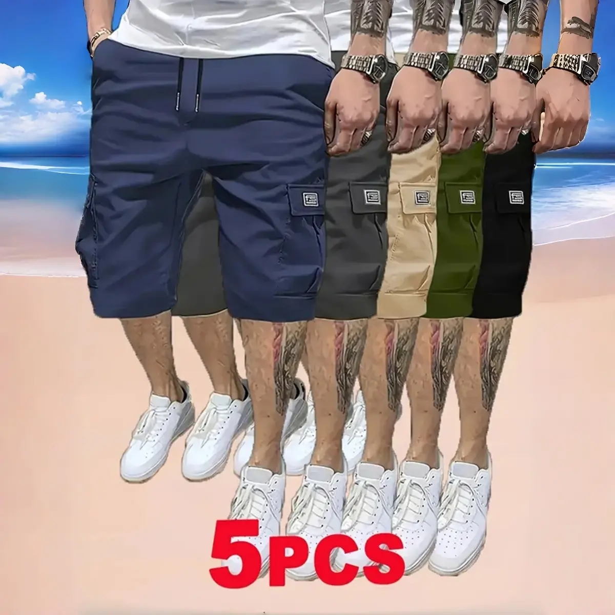 5-Pack Men's Cargo Shorts Set - Summer Trendy Casual Shorts- Slanted Pockets - Versatile Casual Wear - 5-Piece Bottoms for Everyday Use Menswear Overalls shorts men SpringStatements Beige Activewear