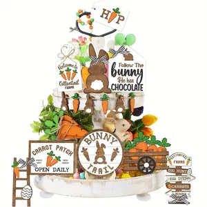 Easter Themed Tiered Tray Decor, 17pcs/set Wooden Ornament, Easter Decorations, Home Decor for Living Room, Bedroom, Kitchen, Signs