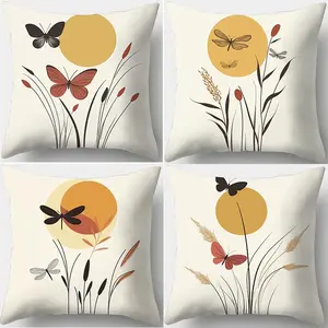 Plant & Butterfly Pattern Cushion Cover, Square Throw Pillow Cover, Household Decoration Supplies for Home Living Room Bedroom