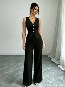 A set of women's fashionable black light luxury waist cinched suit vest set, in the same color scheme, with a high-end feel suitable for commuting to work, shopping and outdoor activities, indoor and outdoor wear