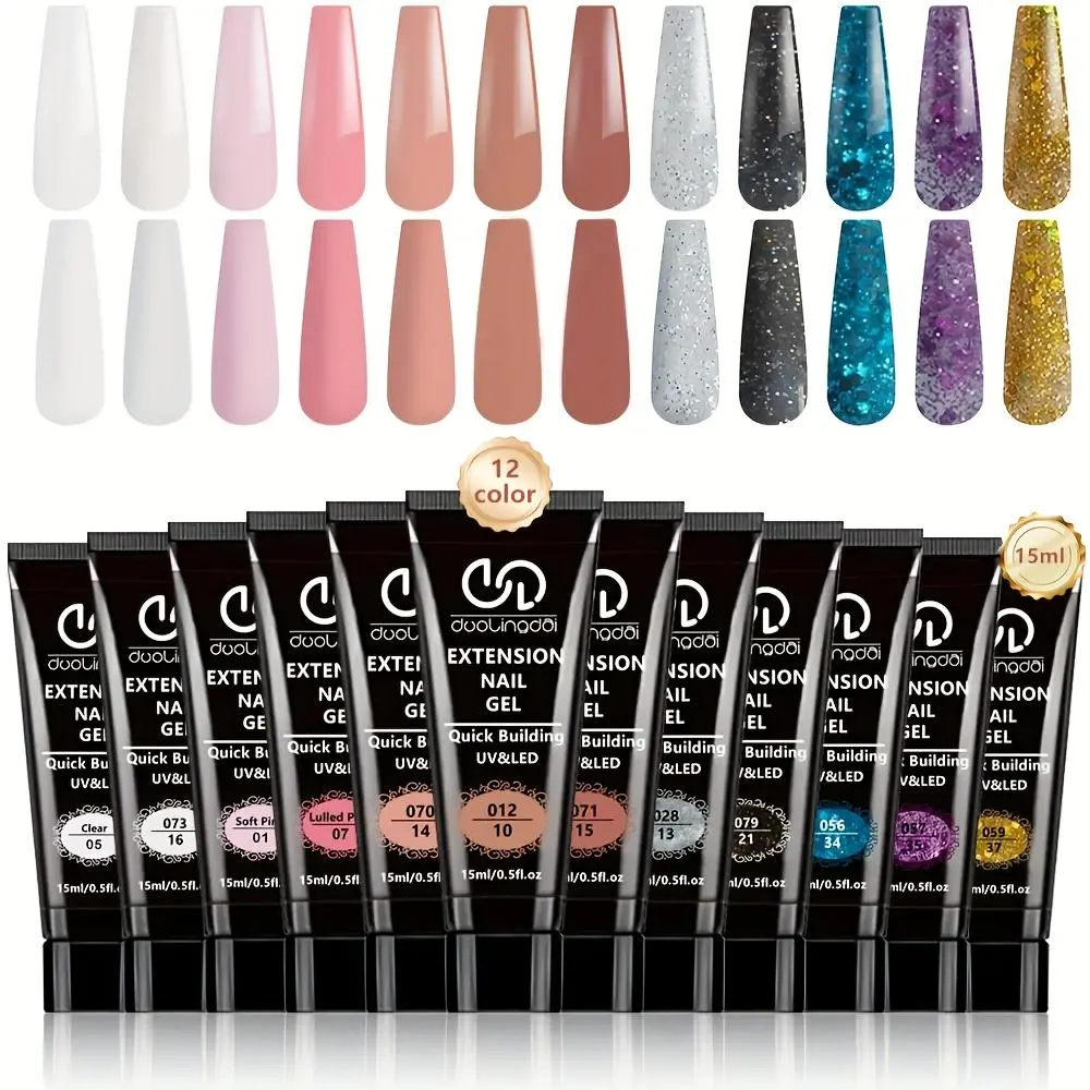 Nail Extension Poly Gel Kit, 12pcs/set UV/LED Cured Nail Extension Gel, Builder Gel Nail, Semi-permanent Nail Art Gel for Women & Girls, Suitable for Beginners DIY Nail Art, Nail Art Kits, Building Gel Set, Gel Builder for Nails, Nail Products