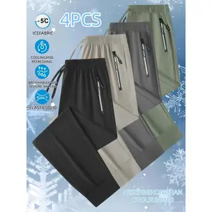 4PCS Assorted Color Set Best-selling item; lightweight, soft ice silk long pants for men and women, suitable for all seasons, with two zippered pockets. Ideal for everyday life, work, travel, running, casual wear, fitness, walking, hiking, outdoor outings