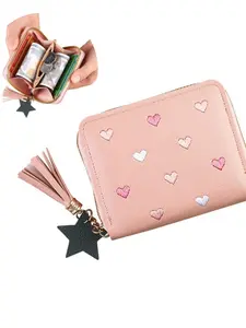 Candy Color Short Zipper Wallet, Elegant Heart Design, Cute Girl's Multi-Function Bag, Fringe Leather Case, All Seasons Accessory, Wallet And Charm