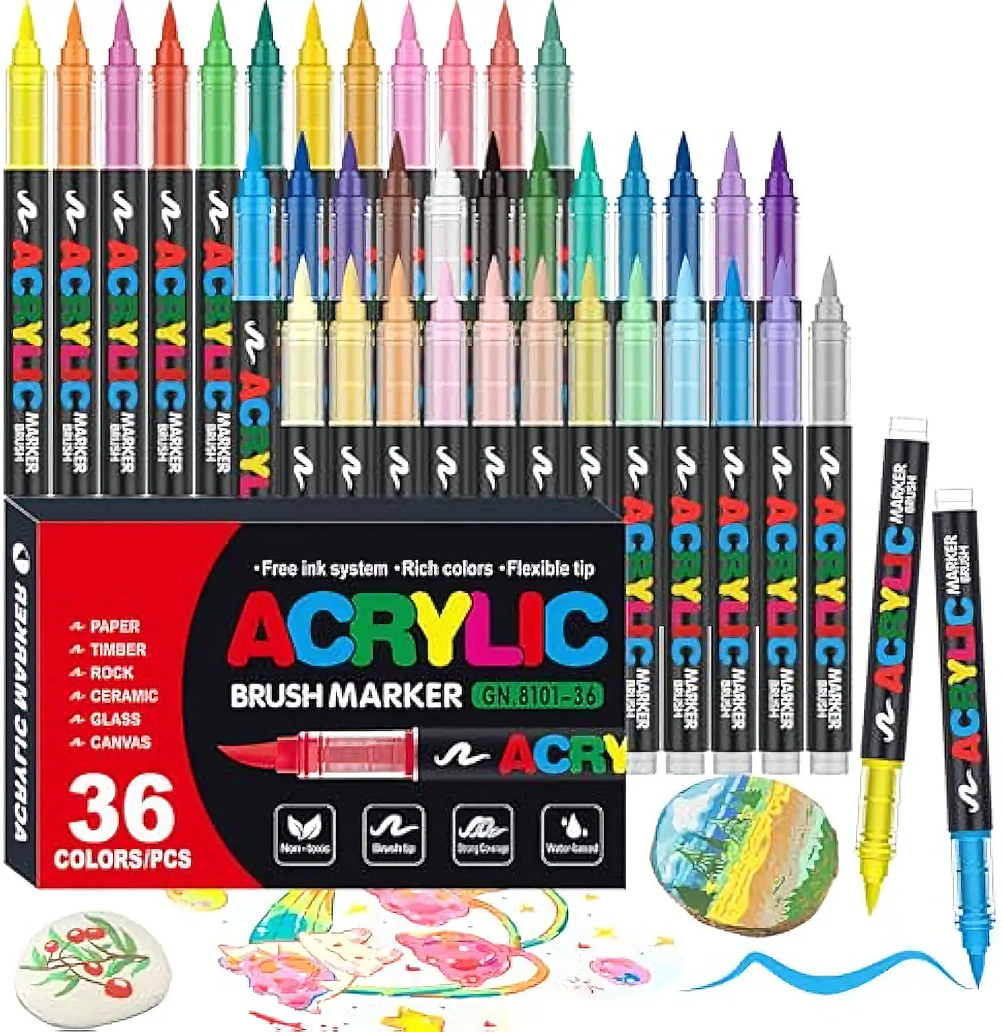Guangna Acrylic Marker Brush Tip Flex, 36-Color Colorful Set with Direct-Ink Flow System, Professional-Grade Pen for Layered Coloring on Rock Painting, Canvas, Glass, Drawing Markers, Brush Drawing & Painting Supplies